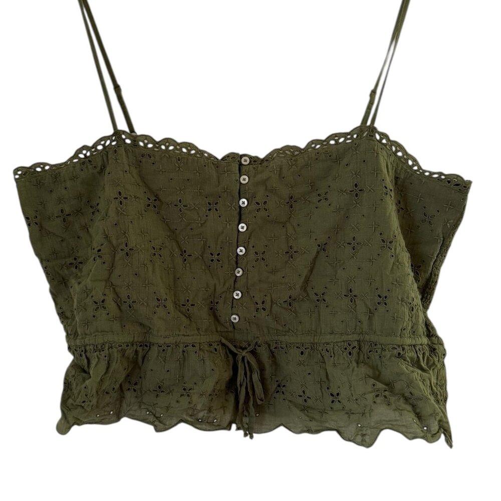 Aerie- Green Cropped Eyelet Tank Top With Buttons and Tie